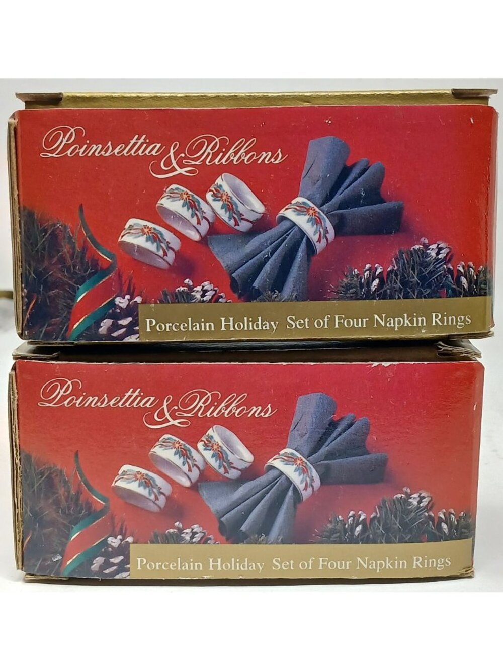 VTG Poinsettia & Ribbons Porcelain Holiday Set of 8 Napkin Rings Holder New #D18